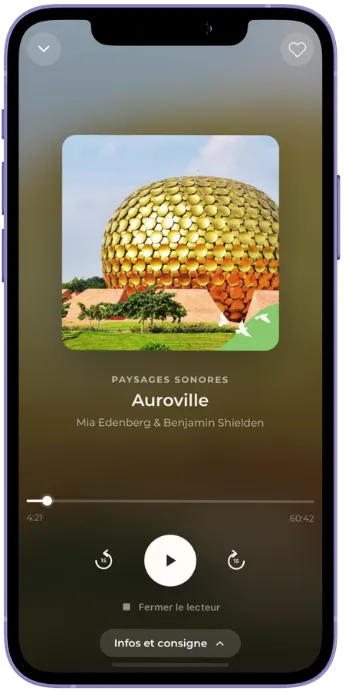 L'application SONAMÉ ouverte sur un téléphone, sur l'écran de lecture d'un paysage sonore.